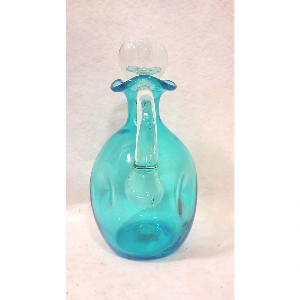 Vintage Blue Glass Decanter Pinched Bottle Mid-Century Barware Bischoff